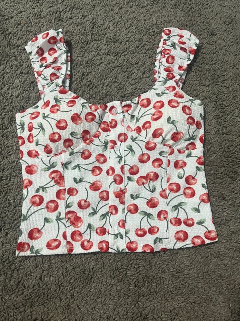 Derek Heart White Crop Top with Red Cherry Print